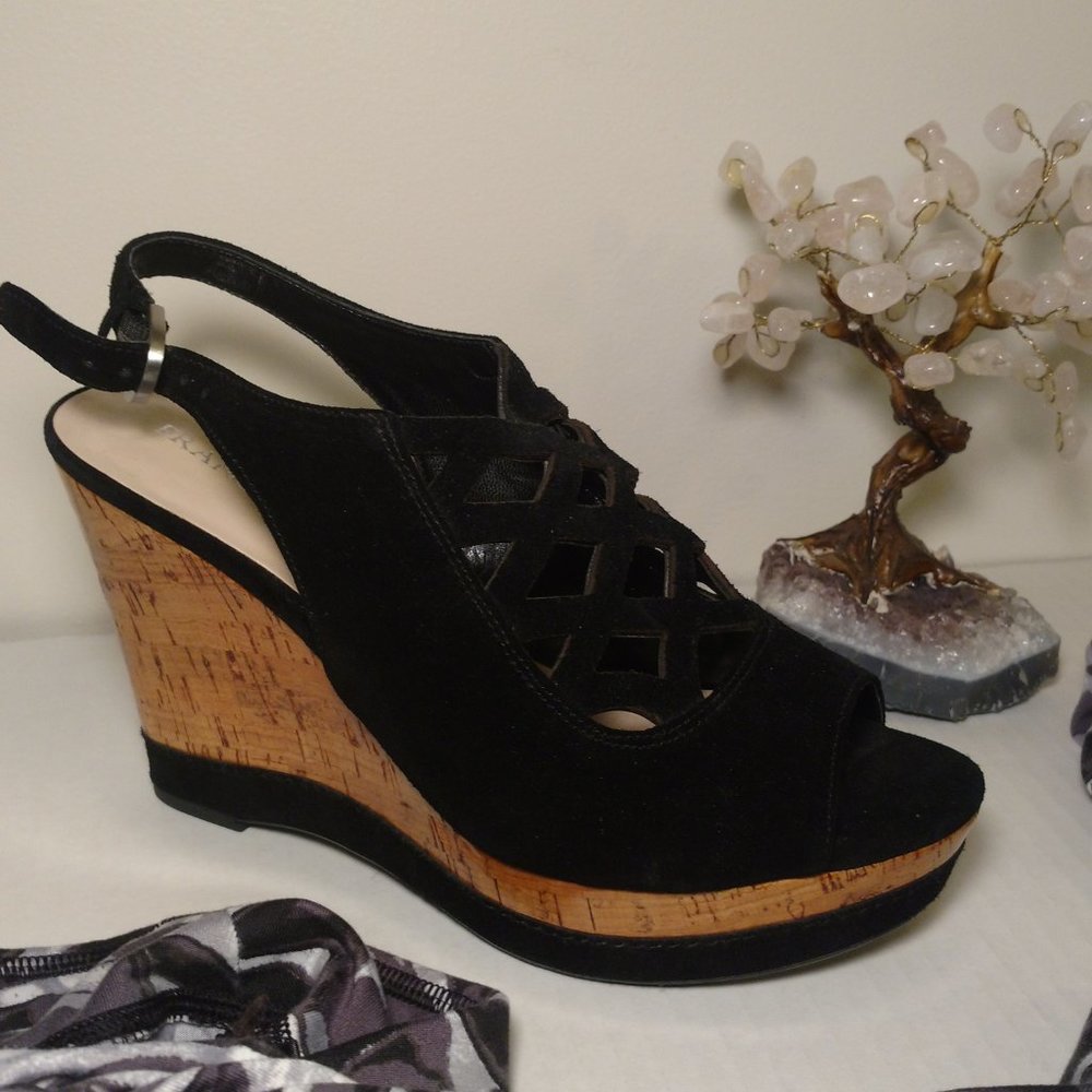 Franco Sarto Black Suede Wedge Sandal, Size 8 1/2